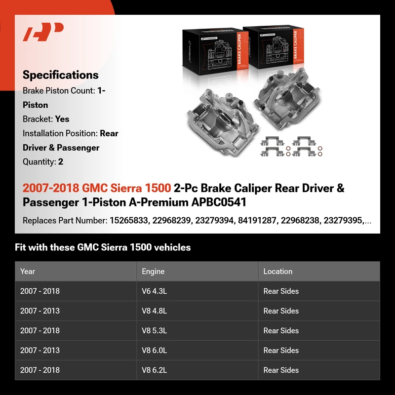 2007-2018 GMC Sierra 1500 2-Pc Brake Caliper Rear Driver & Passenger 1-Piston A-Premium APBC0541