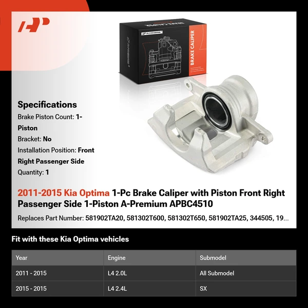 2011-2015 Kia Optima 1-Pc Brake Caliper with Piston Front Right Passenger Side 1-Piston A-Premium APBC4510