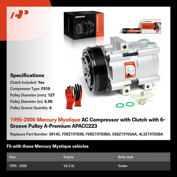 1995-2000 Mercury Mystique AC Compressor with Clutch with 6-Groove Pulley A-Premium APACC223