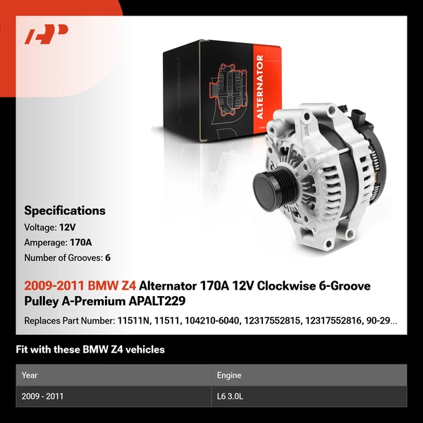 2009-2011 BMW Z4 Alternator 170A 12V Clockwise 6-Groove Pulley A-Premium APALT229