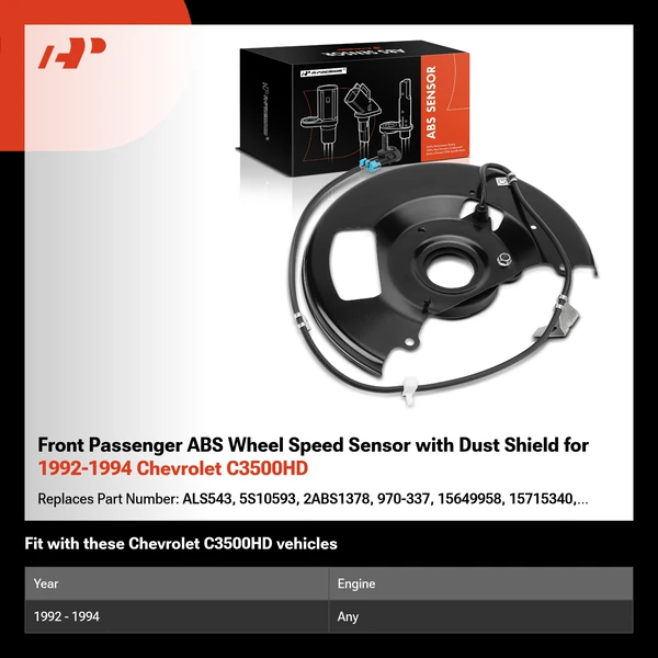 Front Passenger ABS Wheel Speed Sensor with Dust Shield for 1992-1994 Chevrolet C3500HD