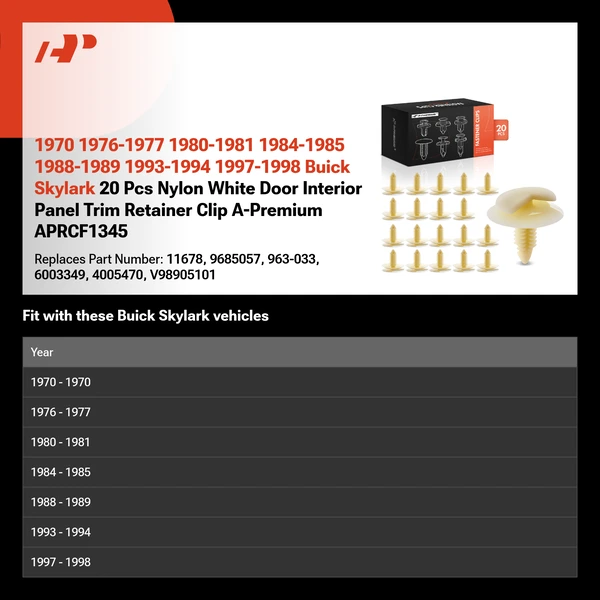 1970 1976-1977 1980-1981 1984-1985 1988-1989 1993-1994 1997-1998 Buick Skylark 20 Pcs Nylon White Door Interior Panel Trim Retainer Clip A-Premium APRCF1345