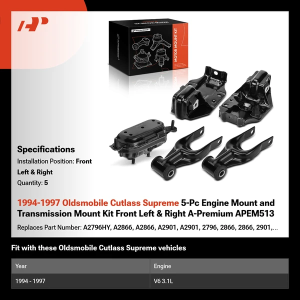 1994-1997 Oldsmobile Cutlass Supreme 5-Pc Engine Mount and Transmission Mount Kit Front Left & Right A-Premium APEM513