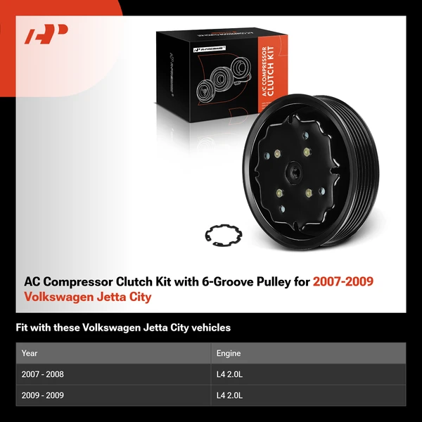 AC Compressor Clutch Kit with 6-Groove Pulley for 2007-2009 Volkswagen Jetta City