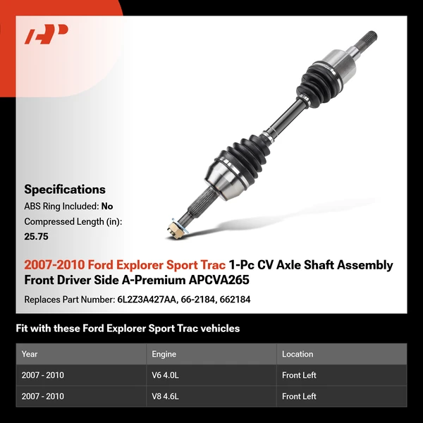2007-2010 Ford Explorer Sport Trac 1-Pc CV Axle Shaft Assembly Front Driver Side A-Premium APCVA265
