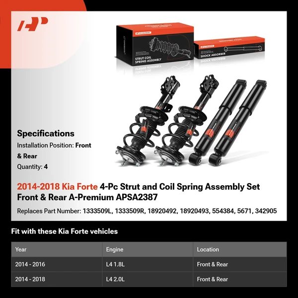 2014-2018 Kia Forte 4-Pc Strut and Coil Spring Assembly Set Front & Rear A-Premium APSA2387