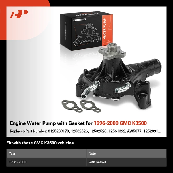 Engine Water Pump with Gasket for 1996-2000 GMC K3500
