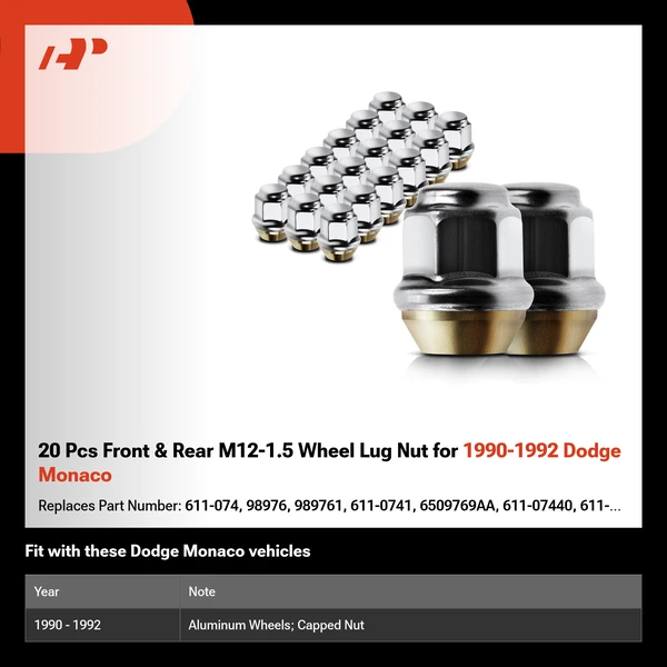 20 Pcs Front & Rear M12-1.5 Wheel Lug Nut for 1990-1992 Dodge Monaco