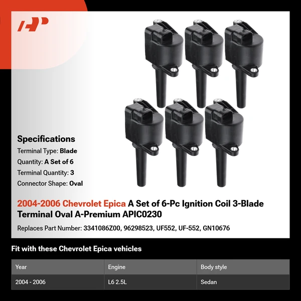 2004-2006 Chevrolet Epica A Set of 6-Pc Ignition Coil 3-Blade Terminal Oval A-Premium APIC0230