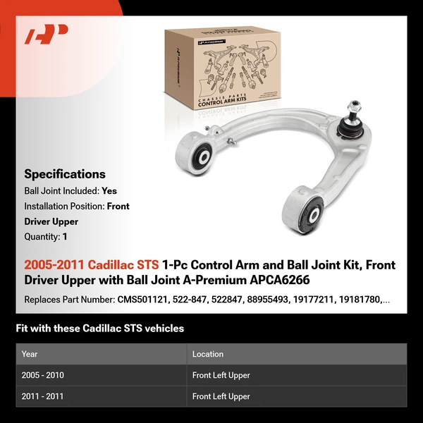 2005-2011 Cadillac STS 1-Pc Control Arm and Ball Joint Kit, Front Driver Upper with Ball Joint A-Premium APCA6266