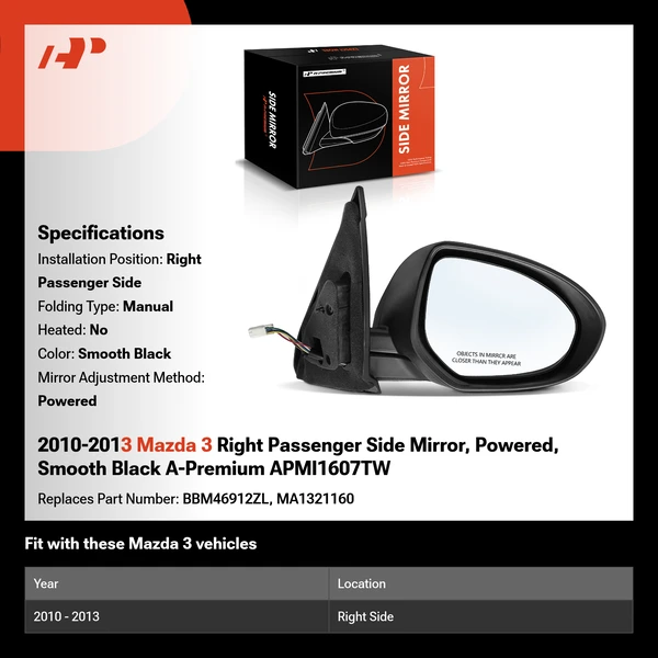 2010-2013 Mazda 3 Right Passenger Side Mirror, Powered, Smooth Black A-Premium APMI1607TW