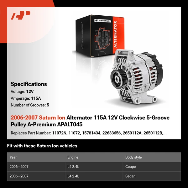 2006-2007 Saturn Ion Alternator 115A 12V Clockwise 5-Groove Pulley A-Premium APALT045
