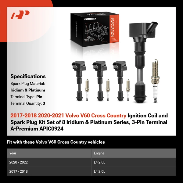 2017-2018 2020-2021 Volvo V60 Cross Country Ignition Coil and Spark Plug Kit Set of 8 Iridium & Platinum Series, 3-Pin Terminal A-Premium APIC0924