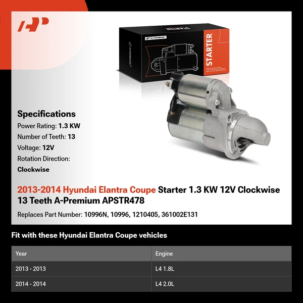 2013-2014 Hyundai Elantra Coupe Starter 1.3 KW 12V Clockwise 13 Teeth A-Premium APSTR478