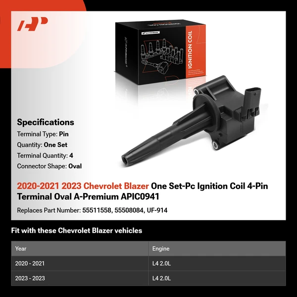 2020-2021 2023 Chevrolet Blazer One Set-Pc Ignition Coil 4-Pin Terminal Oval A-Premium APIC0941