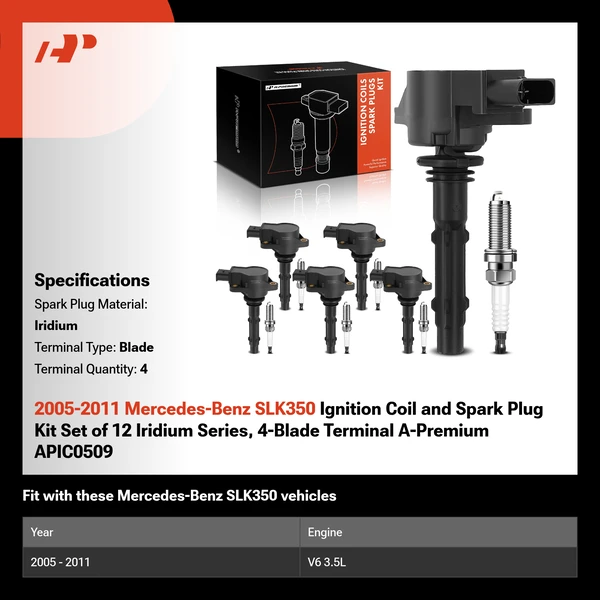 2005-2011 Mercedes-Benz SLK350 Ignition Coil and Spark Plug Kit Set of 12 Iridium Series, 4-Blade Terminal A-Premium APIC0509