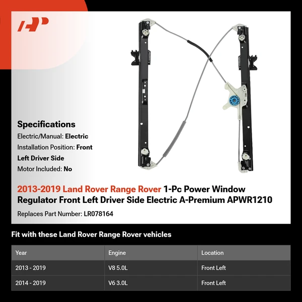 2013-2019 Land Rover Range Rover 1-Pc Power Window Regulator Front Left Driver Side Electric A-Premium APWR1210