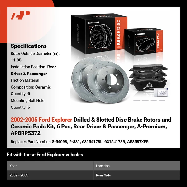2002-2005 Ford Explorer Drilled & Slotted Disc Brake Rotors and Ceramic Pads Kit, 6 Pcs, Rear Driver & Passenger, A-Premium, APBRPS372