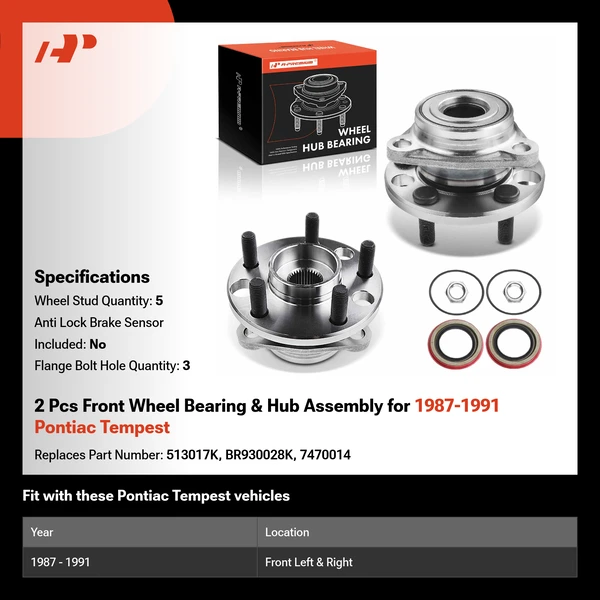 2 Pcs Front Wheel Bearing & Hub Assembly for 1987-1991 Pontiac Tempest