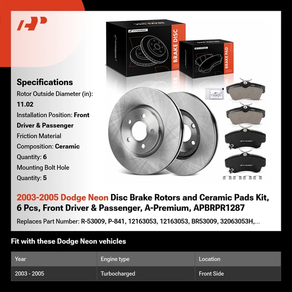 2003-2005 Dodge Neon Disc Brake Rotors and Ceramic Pads Kit, 6 Pcs, Front Driver & Passenger, A-Premium, APBRPR1287