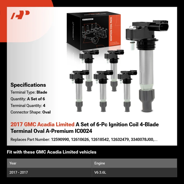 2017 GMC Acadia Limited A Set of 6-Pc Ignition Coil 4-Blade Terminal Oval A-Premium IC0024