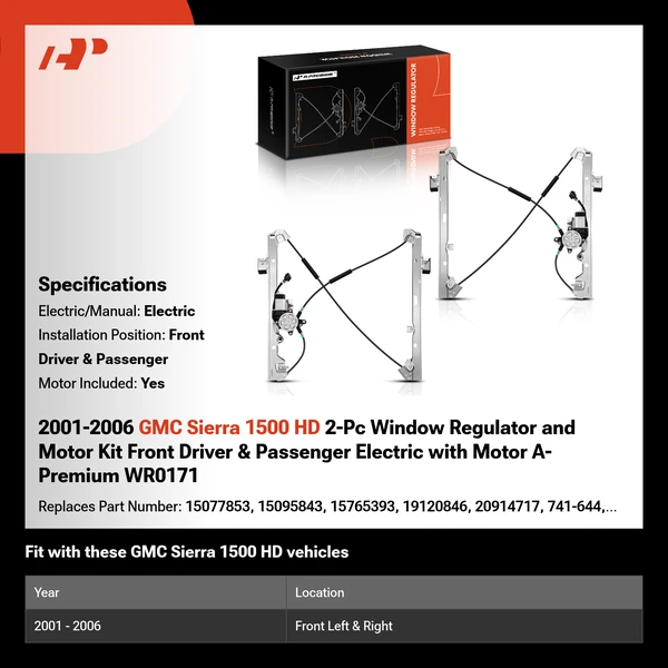 2001-2006 GMC Sierra 1500 HD 2-Pc Window Regulator and Motor Kit Front Driver & Passenger Electric with Motor A-Premium WR0171