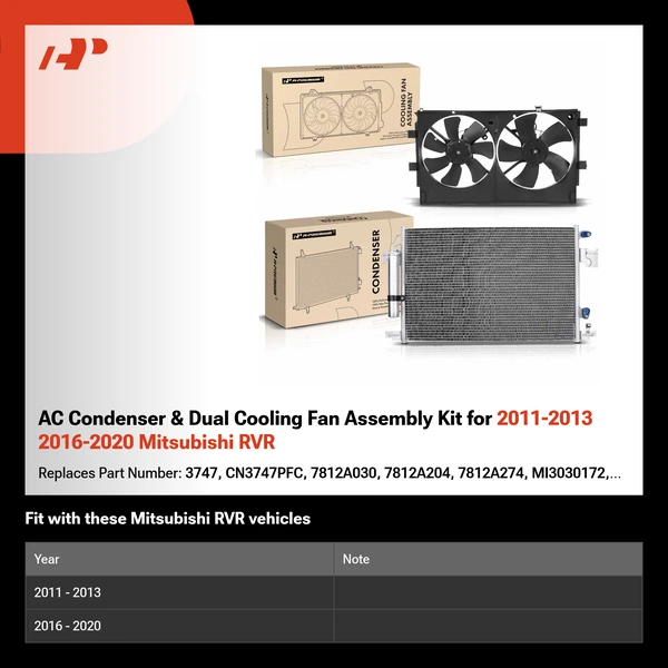 AC Condenser & Dual Cooling Fan Assembly Kit for 2011-2013 2016-2020 Mitsubishi RVR