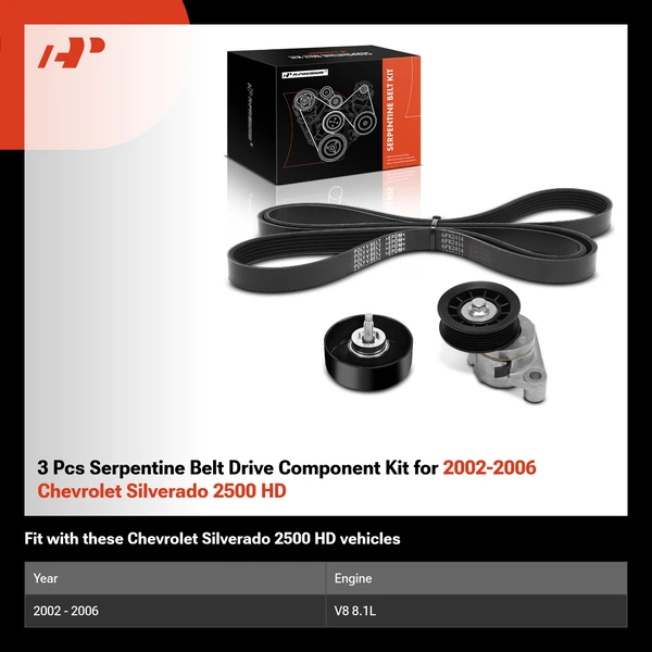 3 Pcs Serpentine Belt Drive Component Kit for 2002-2006 Chevrolet Silverado 2500 HD
