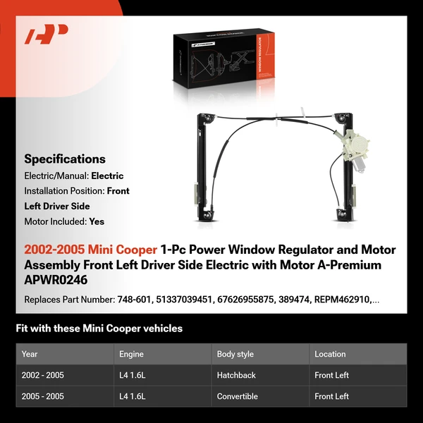 2002-2005 Mini Cooper 1-Pc Power Window Regulator and Motor Assembly Front Left Driver Side Electric with Motor A-Premium APWR0246