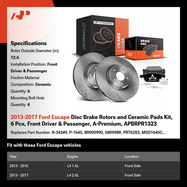 2013-2017 Ford Escape Disc Brake Rotors and Ceramic Pads Kit, 6 Pcs, Front Driver & Passenger, A-Premium, APBRPR1323