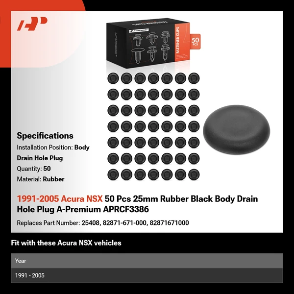 1991-2005 Acura NSX 50 Pcs 25mm Rubber Black Body Drain Hole Plug A-Premium APRCF3386