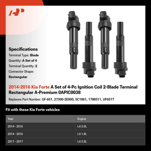 2014-2016 Kia Forte A Set of 4-Pc Ignition Coil 2-Blade Terminal Rectangular A-Premium 0APIC0038