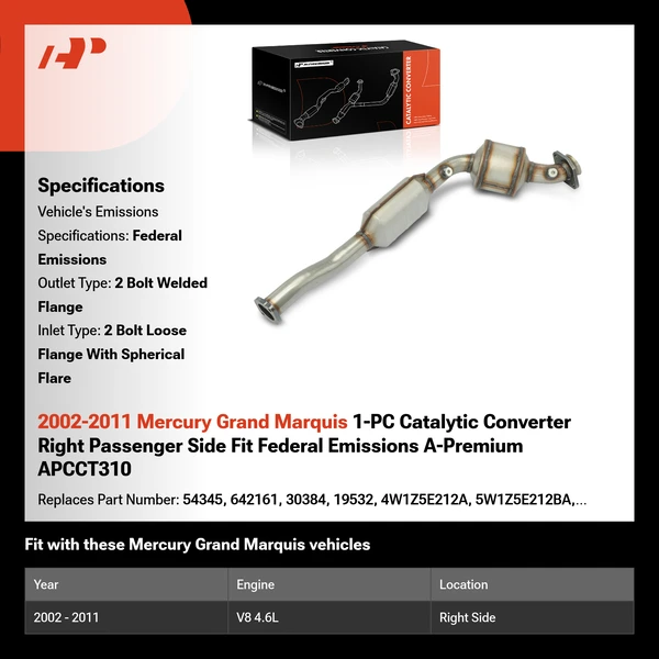 2002-2011 Mercury Grand Marquis 1-PC Catalytic Converter Right Passenger Side Fit Federal Emissions A-Premium APCCT310