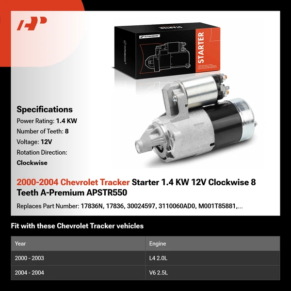 2000-2004 Chevrolet Tracker Starter 1.4 KW 12V Clockwise 8 Teeth A-Premium APSTR550