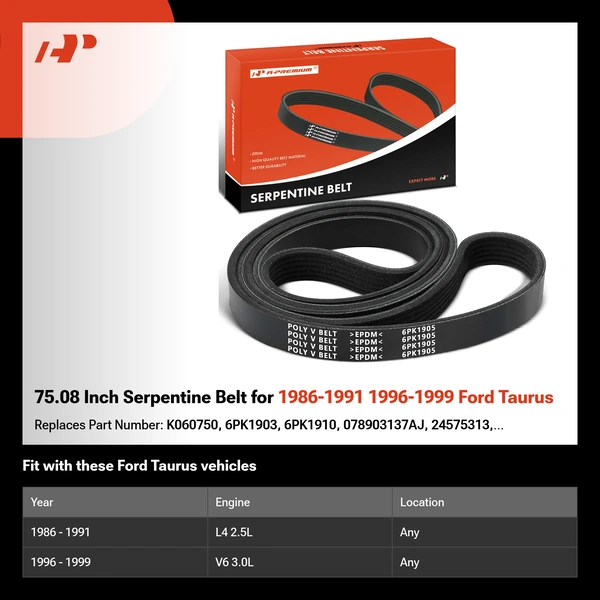 75.08 Inch Serpentine Belt for 1986-1991 1996-1999 Ford Taurus