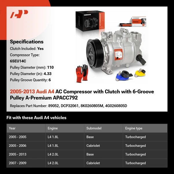 2005-2013 Audi A4 AC Compressor with Clutch with 6-Groove Pulley A-Premium APACC792