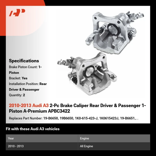 2010-2013 Audi A3 2-Pc Brake Caliper Rear Driver & Passenger 1-Piston A-Premium APBC3422
