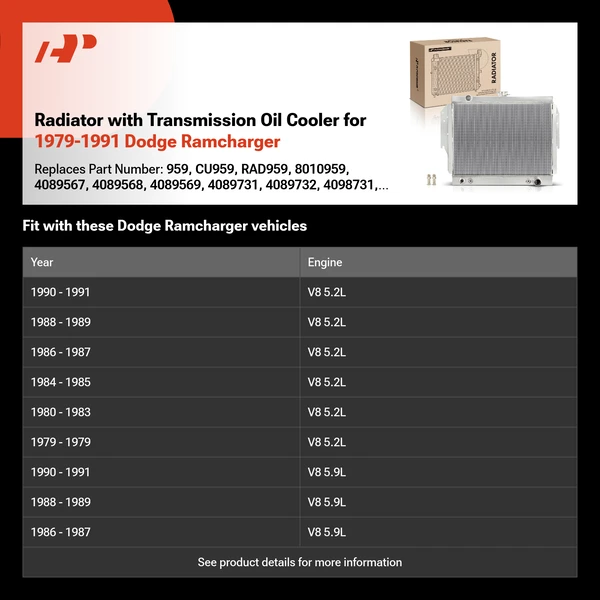 Radiator with Transmission Oil Cooler for 1979-1991 Dodge Ramcharger