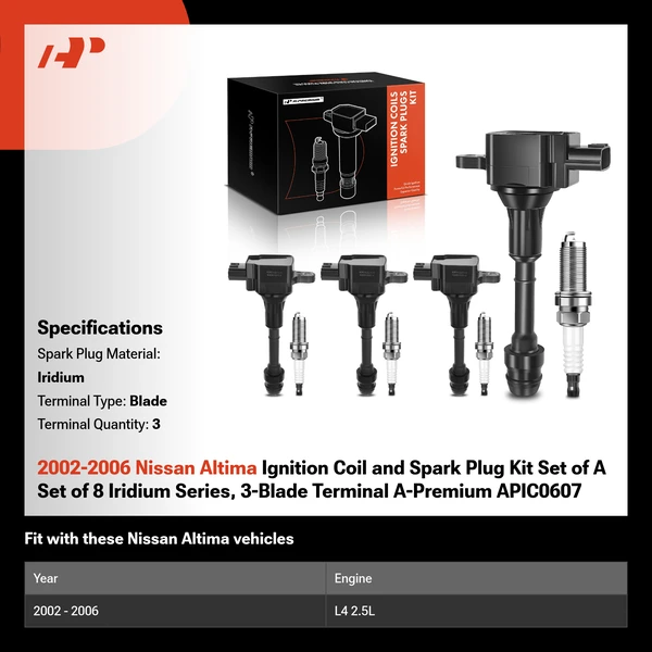2002-2006 Nissan Altima Ignition Coil and Spark Plug Kit Set of A Set of 8 Iridium Series, 3-Blade Terminal A-Premium APIC0607