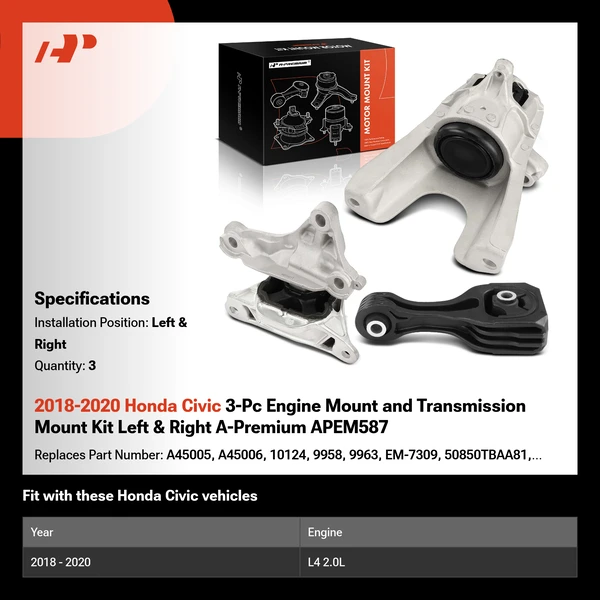 2018-2020 Honda Civic 3-Pc Engine Mount and Transmission Mount Kit Left & Right A-Premium APEM587