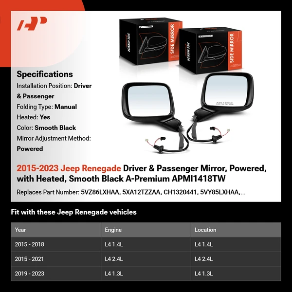 2015-2023 Jeep Renegade Driver & Passenger Mirror, Powered, with Heated, Smooth Black A-Premium APMI1418TW