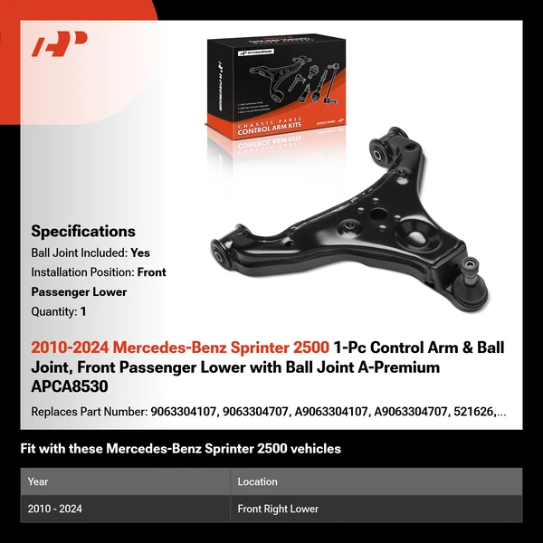 2010-2024 Mercedes-Benz Sprinter 2500 1-Pc Control Arm & Ball Joint, Front Passenger Lower with Ball Joint A-Premium APCA8530
