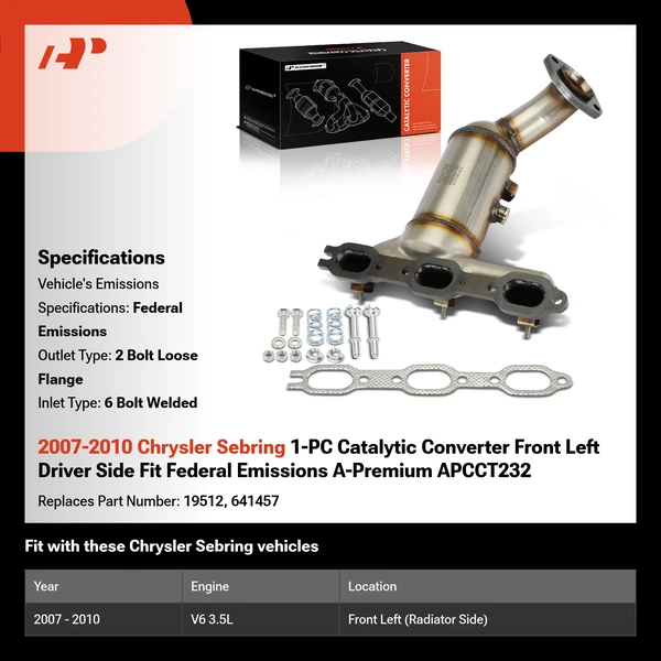 2007-2010 Chrysler Sebring 1-PC Catalytic Converter Front Left Driver Side Fit Federal Emissions A-Premium APCCT232