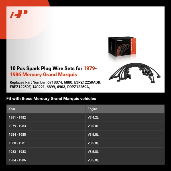 10 Pcs Spark Plug Wire Sets for 1979-1986 Mercury Grand Marquis
