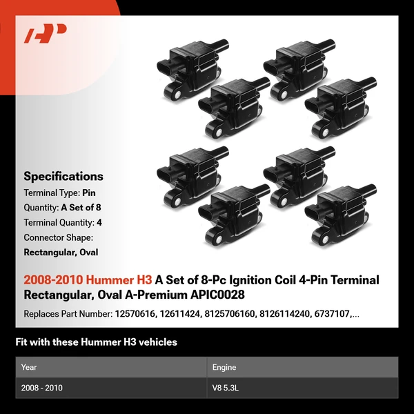 2008-2010 Hummer H3 A Set of 8-Pc Ignition Coil 4-Pin Terminal Rectangular, Oval A-Premium APIC0028