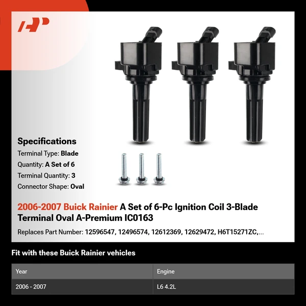 2006-2007 Buick Rainier A Set of 6-Pc Ignition Coil 3-Blade Terminal Oval A-Premium IC0163