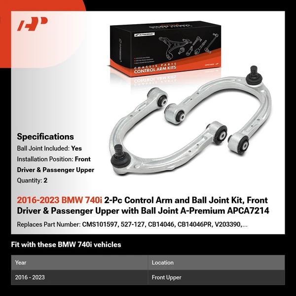 2016-2023 BMW 740i 2-Pc Control Arm and Ball Joint Kit, Front Driver & Passenger Upper with Ball Joint A-Premium APCA7214