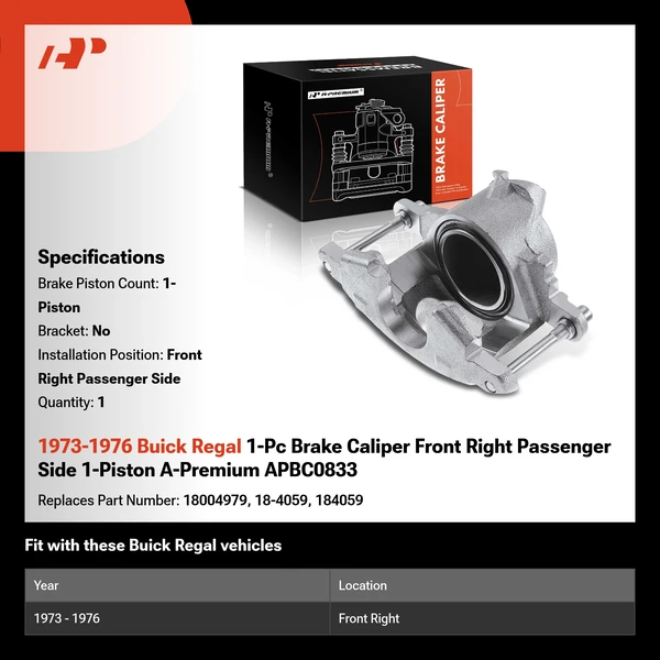1973-1976 Buick Regal 1-Pc Brake Caliper Front Right Passenger Side 1-Piston A-Premium APBC0833