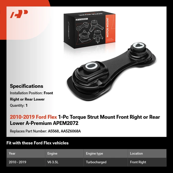 2010-2019 Ford Flex 1-Pc Torque Strut Mount Front Right or Rear Lower A-Premium APEM2072