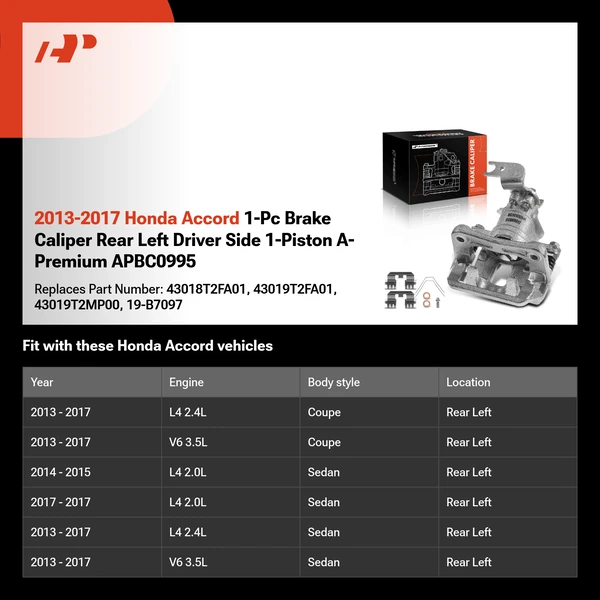 2013-2017 Honda Accord 1-Pc Brake Caliper Rear Left Driver Side 1-Piston A-Premium APBC0995